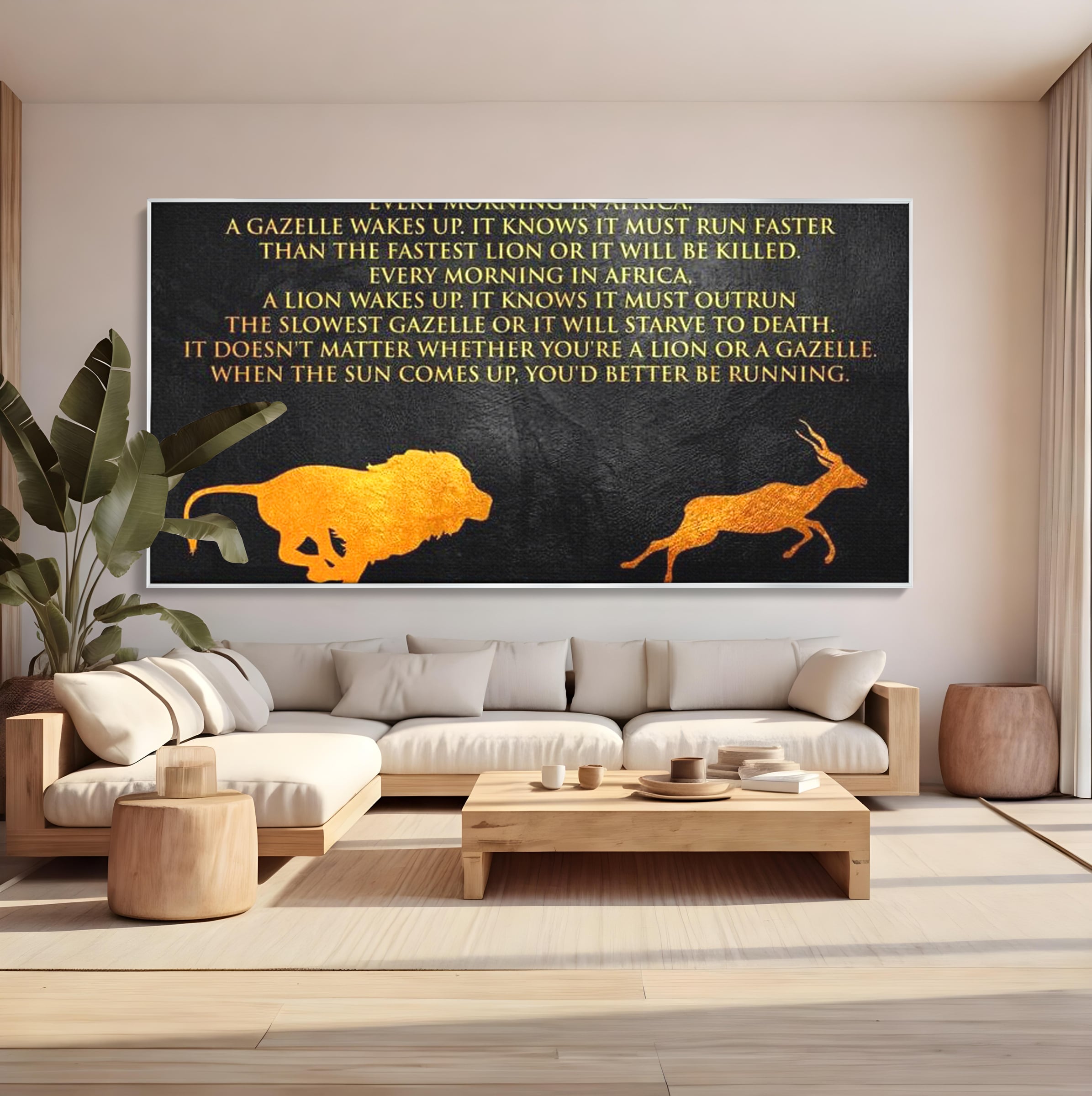 Tablou Canvas Premium LuxCanva® F1009, Instinctul Supravietuirii , Competitie, Viteza, Rezistenta, Lupta, Leu, Gazela, Living, Birou, Culori vibrante