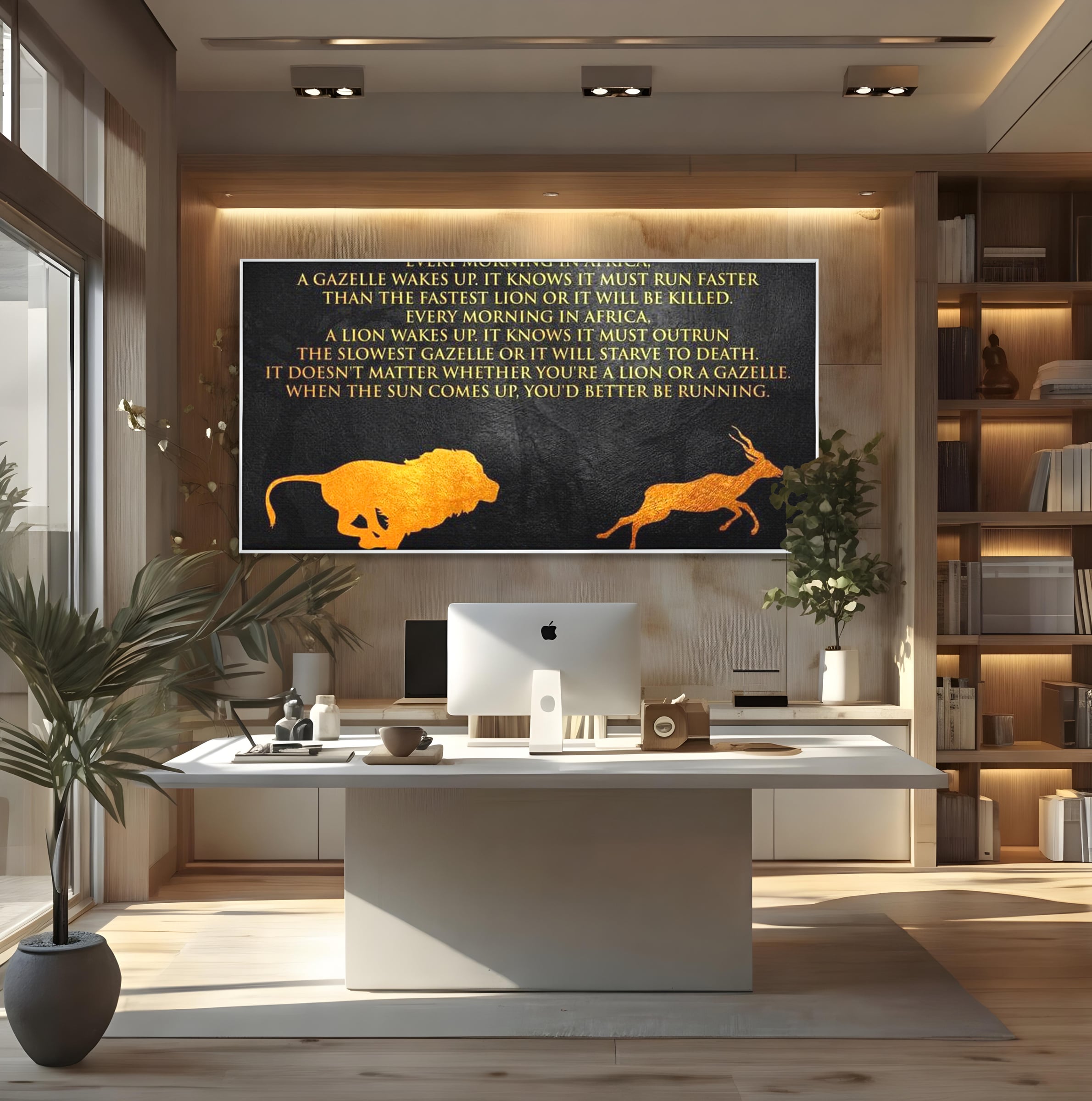 Tablou Canvas Premium LuxCanva® F1009, Instinctul Supravietuirii , Competitie, Viteza, Rezistenta, Lupta, Leu, Gazela, Living, Birou, Culori vibrante