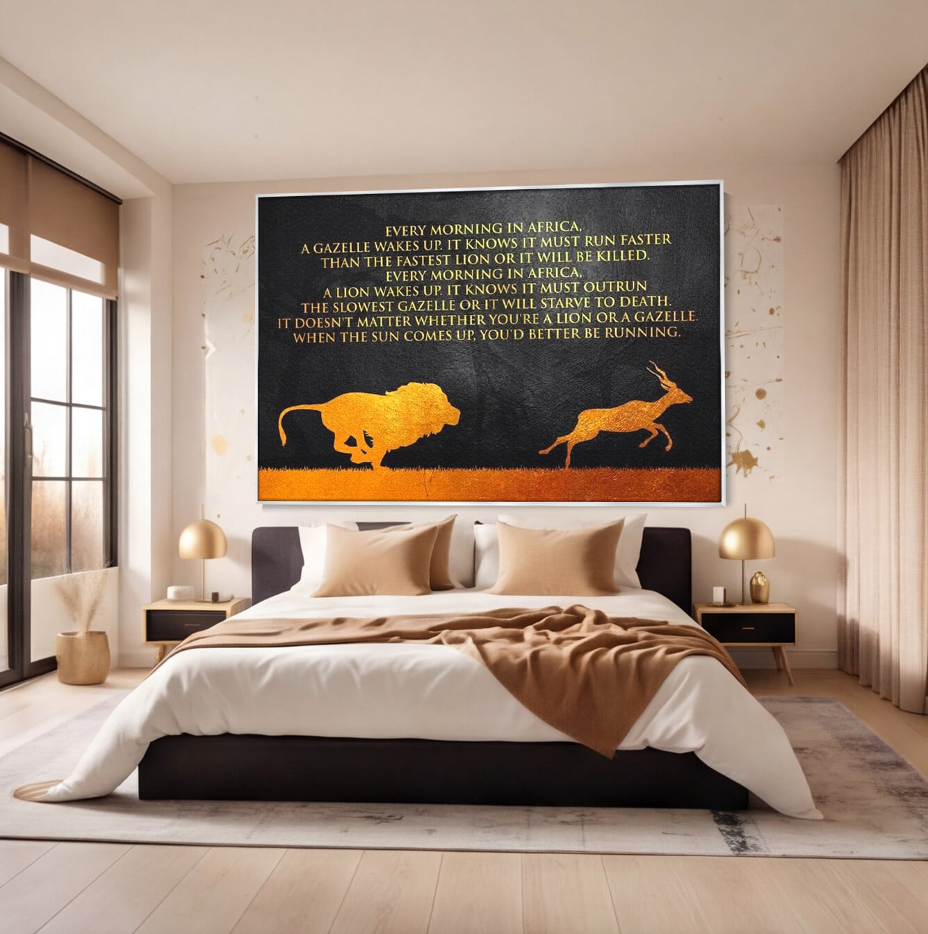 Tablou Canvas Premium LuxCanva® F1009, Instinctul Supravietuirii , Competitie, Viteza, Rezistenta, Lupta, Leu, Gazela, Living, Birou, Culori vibrante