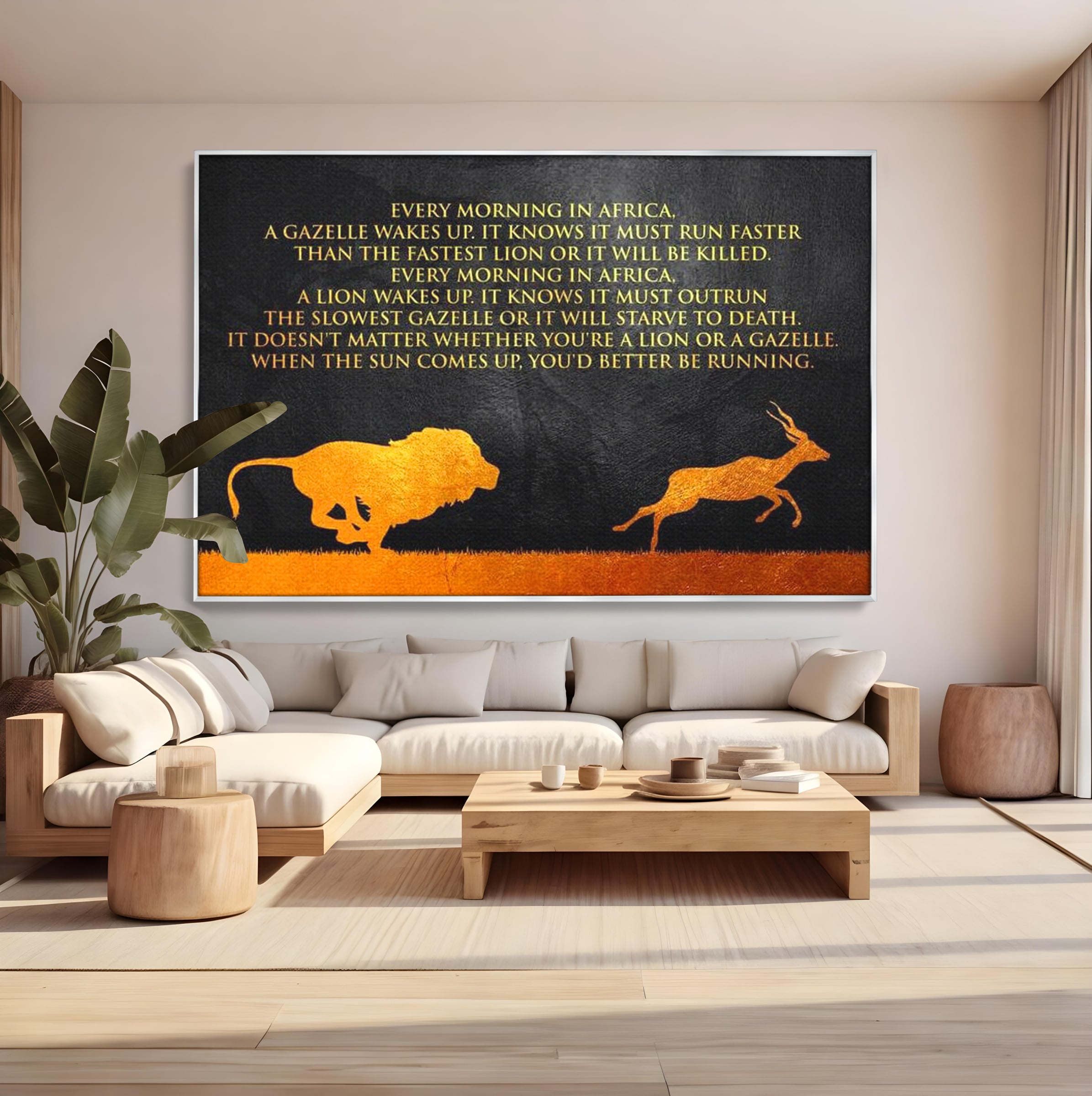 Tablou Canvas Premium LuxCanva® F1009, Instinctul Supravietuirii , Competitie, Viteza, Rezistenta, Lupta, Leu, Gazela, Living, Birou, Culori vibrante