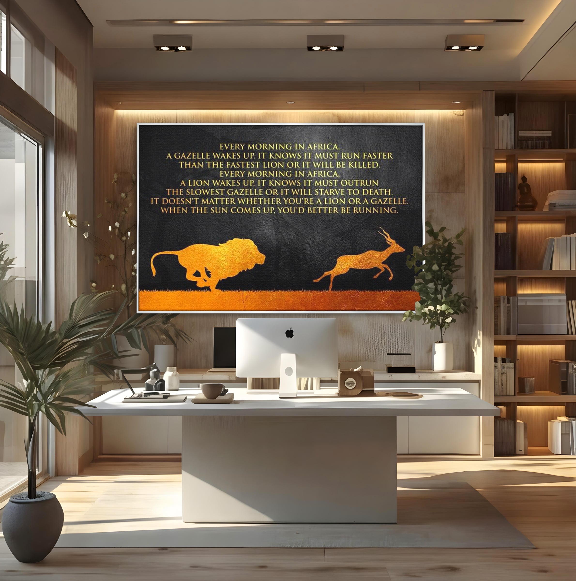 Tablou Canvas Premium LuxCanva® F1009, Instinctul Supravietuirii , Competitie, Viteza, Rezistenta, Lupta, Leu, Gazela, Living, Birou, Culori vibrante