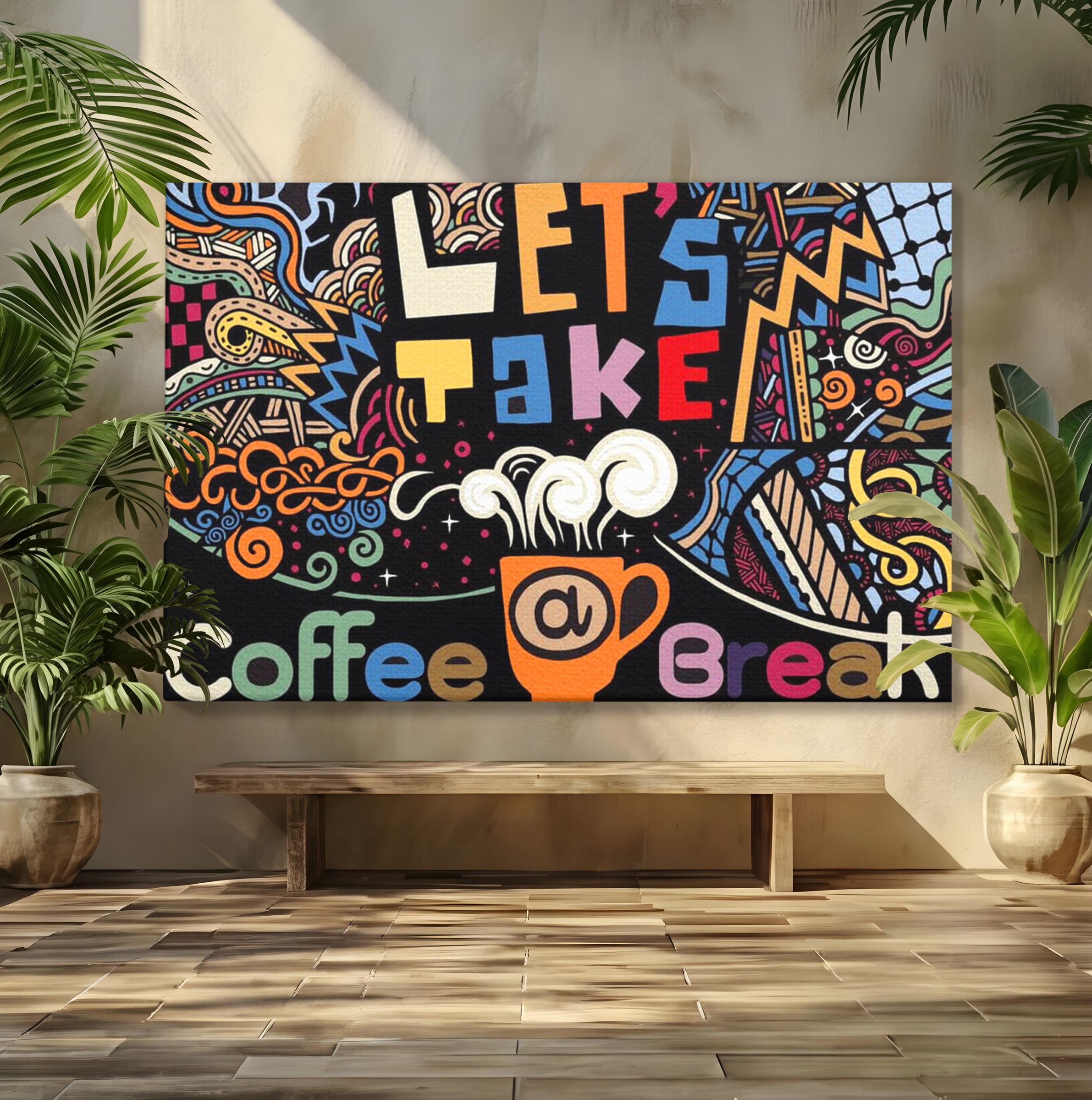 Tablou Canvas Premium LuxCanva® F1010, Pauza de Cafea ,  Energie, Aroma, Mireasma, Cafenea, Pauza, Socializare, Living, Birou, Culori vibrante