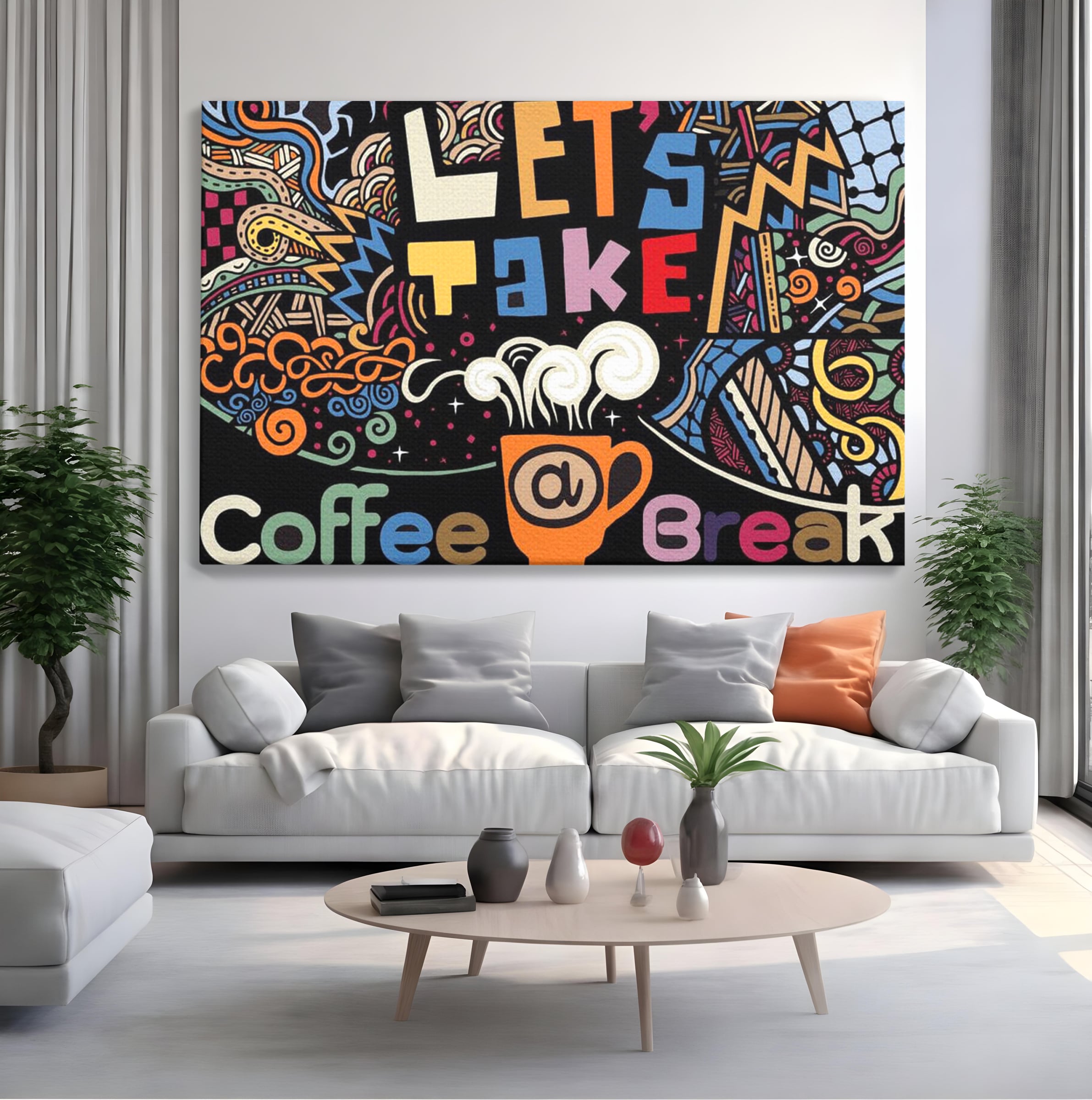Tablou Canvas Premium LuxCanva® F1010, Pauza de Cafea ,  Energie, Aroma, Mireasma, Cafenea, Pauza, Socializare, Living, Birou, Culori vibrante