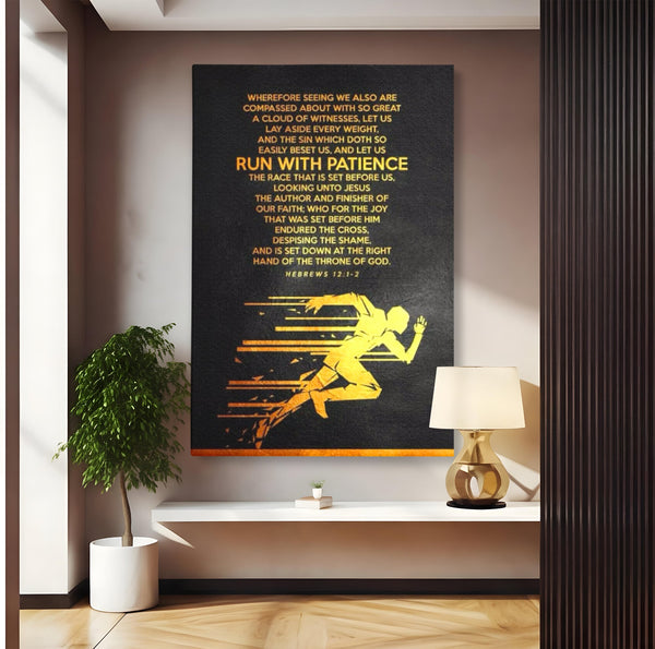 Tablou Canvas Premium LuxCanva® F1031, Alearga Spre Victorie , Verset, Biblic, Alergare, Rabdare, Perseverenta, Living Room, Birou, Culori vibrante
