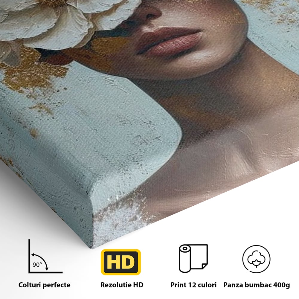 Tablou Canvas Premium LuxCanva® G1000, Ganduri Inflorite ,  Flori, Frumusete, Alb, Auriu, Petale, Estetica, Portret, Living, Dormitor, Culori vibrante