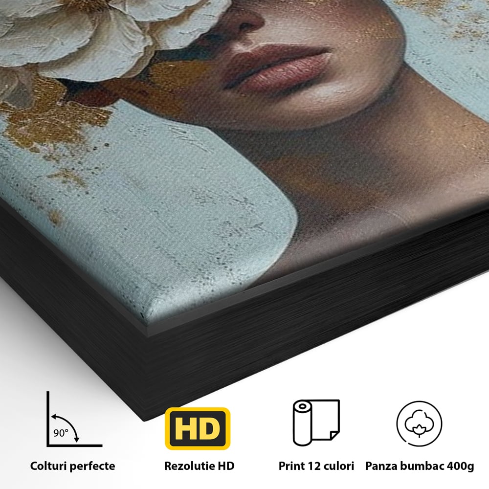 Tablou Canvas Premium LuxCanva® G1000, Ganduri Inflorite ,  Flori, Frumusete, Alb, Auriu, Petale, Estetica, Portret, Living, Dormitor, Culori vibrante