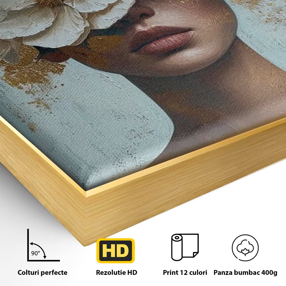 Tablou Canvas Premium LuxCanva® G1000, Ganduri Inflorite ,  Flori, Frumusete, Alb, Auriu, Petale, Estetica, Portret, Living, Dormitor, Culori vibrante