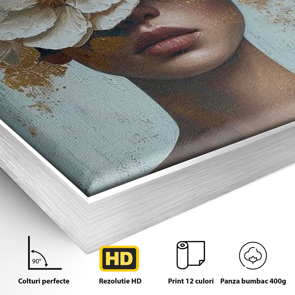 Tablou Canvas Premium LuxCanva® G1000, Ganduri Inflorite ,  Flori, Frumusete, Alb, Auriu, Petale, Estetica, Portret, Living, Dormitor, Culori vibrante