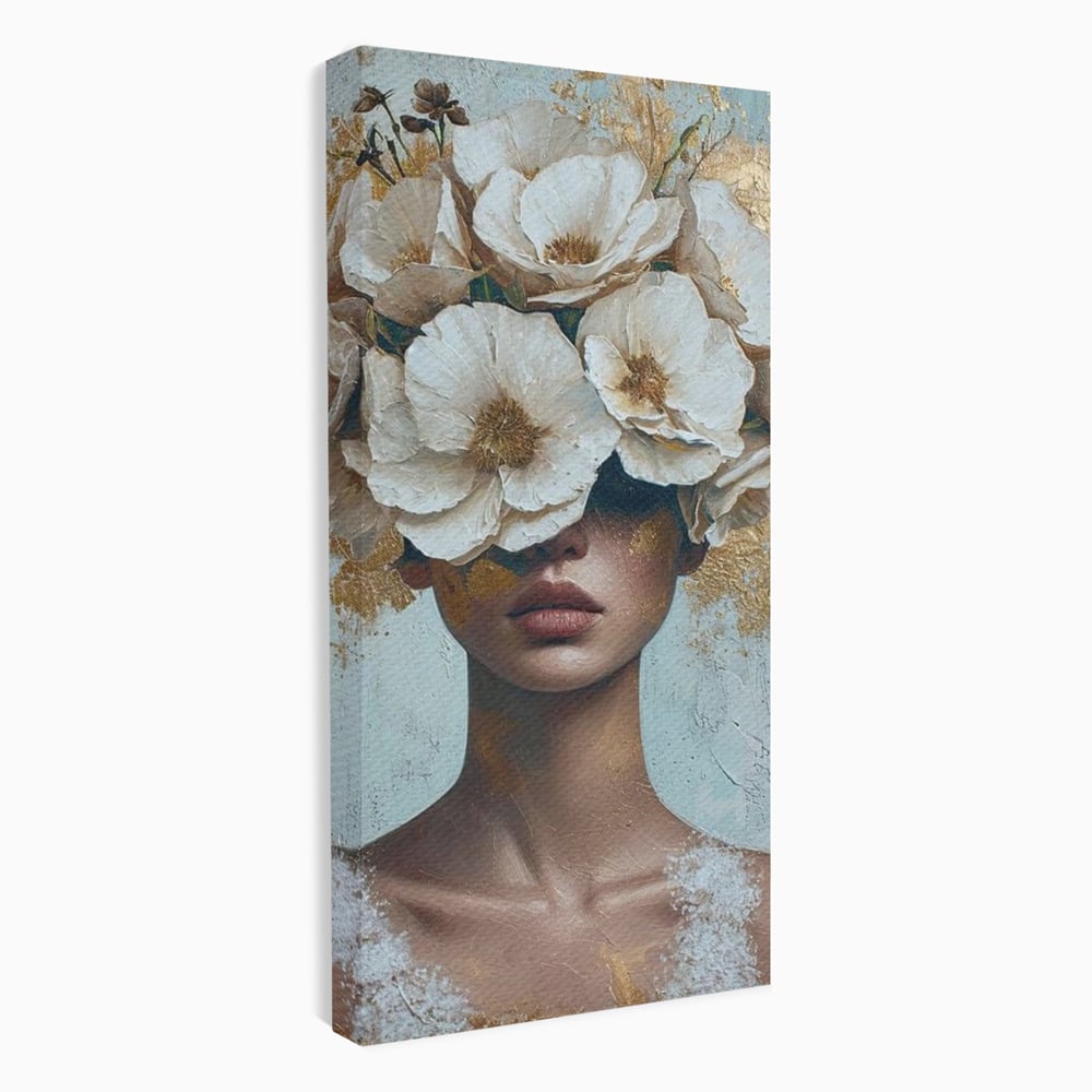 Tablou Canvas Premium LuxCanva® G1000, Ganduri Inflorite ,  Flori, Frumusete, Alb, Auriu, Petale, Estetica, Portret, Living, Dormitor, Culori vibrante