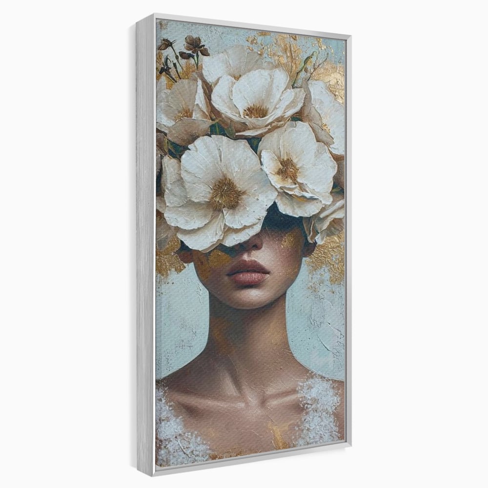 Tablou Canvas Premium LuxCanva® G1000, Ganduri Inflorite ,  Flori, Frumusete, Alb, Auriu, Petale, Estetica, Portret, Living, Dormitor, Culori vibrante