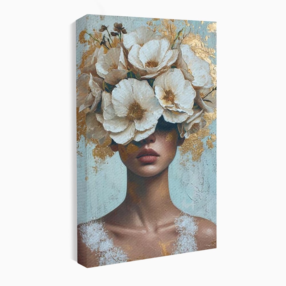 Tablou Canvas Premium LuxCanva® G1000, Ganduri Inflorite ,  Flori, Frumusete, Alb, Auriu, Petale, Estetica, Portret, Living, Dormitor, Culori vibrante