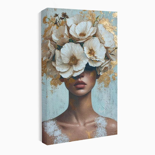 Tablou Canvas Premium LuxCanva® G1000, Ganduri Inflorite ,  Flori, Frumusete, Alb, Auriu, Petale, Estetica, Portret, Living, Dormitor, Culori vibrante