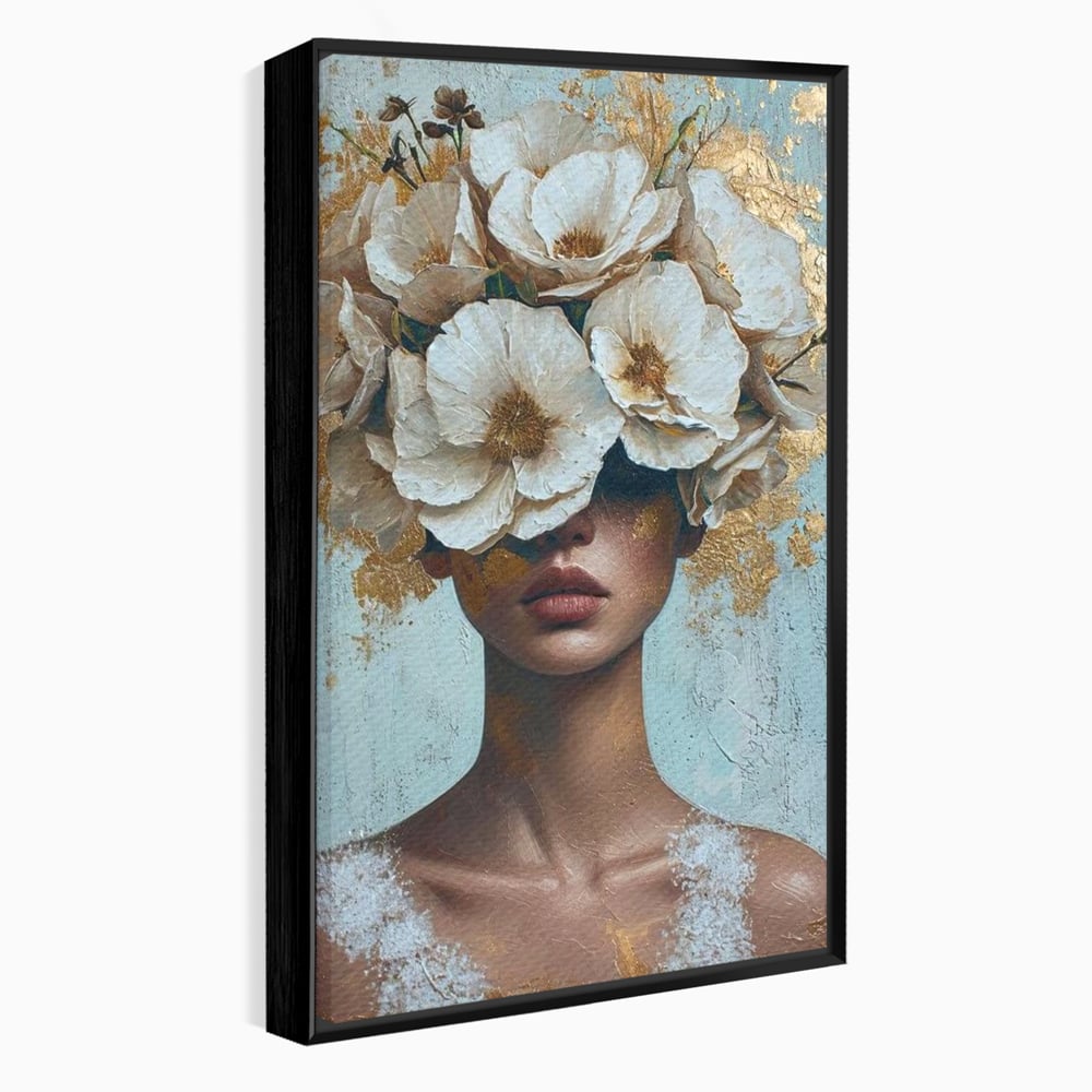 Tablou Canvas Premium LuxCanva® G1000, Ganduri Inflorite ,  Flori, Frumusete, Alb, Auriu, Petale, Estetica, Portret, Living, Dormitor, Culori vibrante