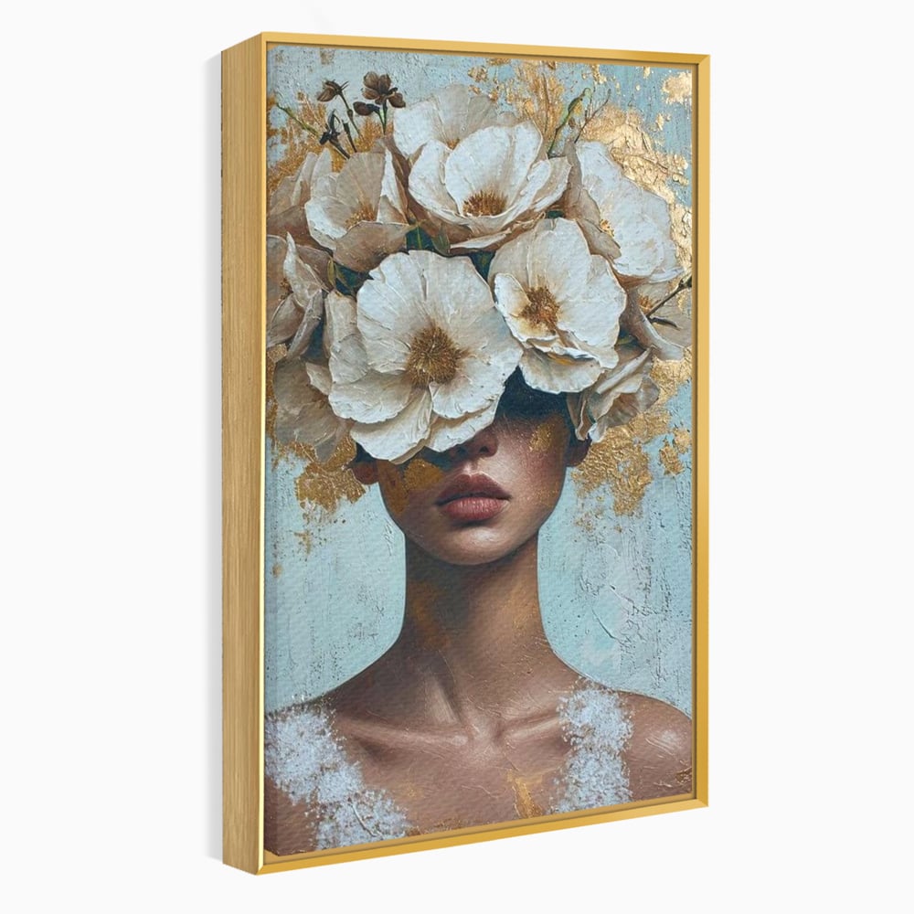Tablou Canvas Premium LuxCanva® G1000, Ganduri Inflorite ,  Flori, Frumusete, Alb, Auriu, Petale, Estetica, Portret, Living, Dormitor, Culori vibrante