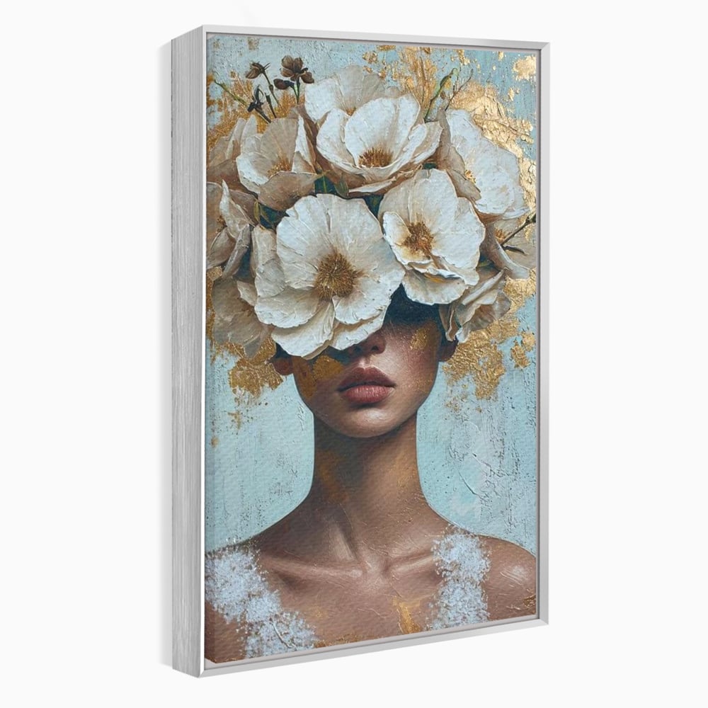 Tablou Canvas Premium LuxCanva® G1000, Ganduri Inflorite ,  Flori, Frumusete, Alb, Auriu, Petale, Estetica, Portret, Living, Dormitor, Culori vibrante