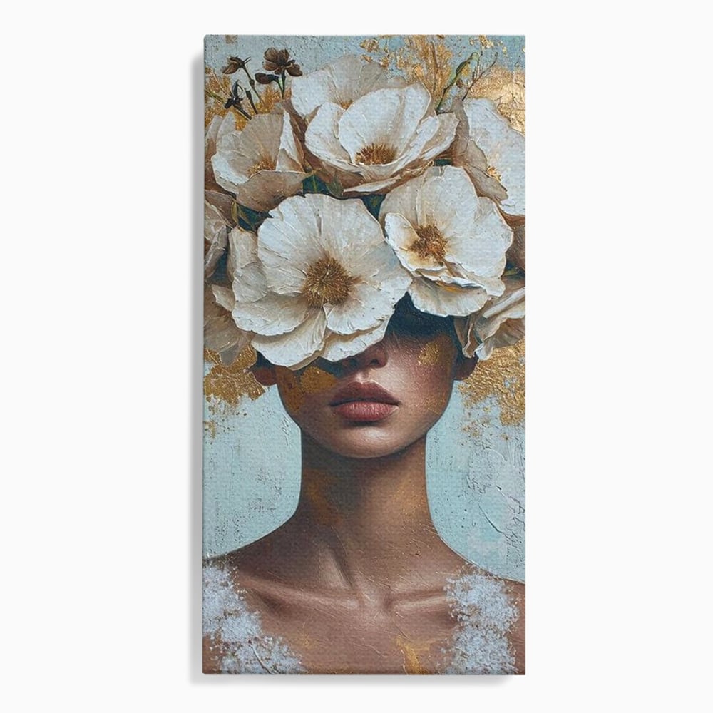Tablou Canvas Premium LuxCanva® G1000, Ganduri Inflorite ,  Flori, Frumusete, Alb, Auriu, Petale, Estetica, Portret, Living, Dormitor, Culori vibrante
