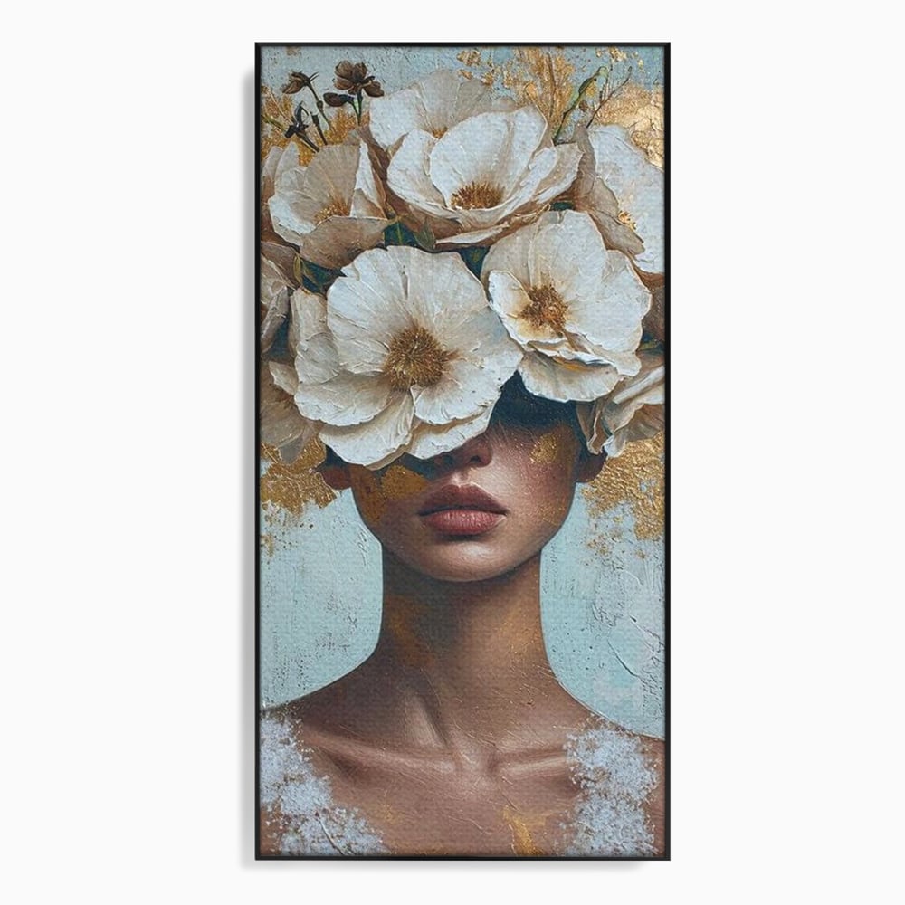 Tablou Canvas Premium LuxCanva® G1000, Ganduri Inflorite ,  Flori, Frumusete, Alb, Auriu, Petale, Estetica, Portret, Living, Dormitor, Culori vibrante