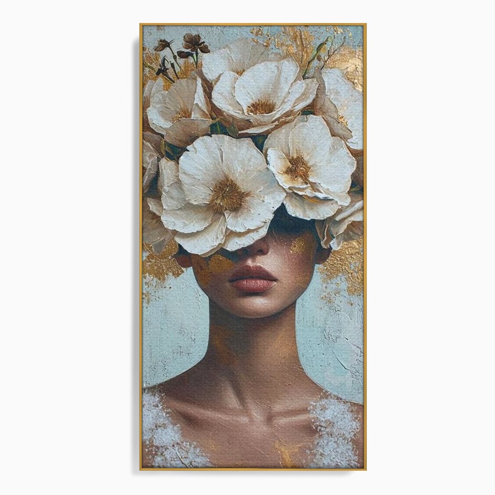 Tablou Canvas Premium LuxCanva® G1000, Ganduri Inflorite ,  Flori, Frumusete, Alb, Auriu, Petale, Estetica, Portret, Living, Dormitor, Culori vibrante