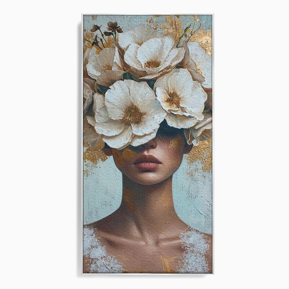 Tablou Canvas Premium LuxCanva® G1000, Ganduri Inflorite ,  Flori, Frumusete, Alb, Auriu, Petale, Estetica, Portret, Living, Dormitor, Culori vibrante