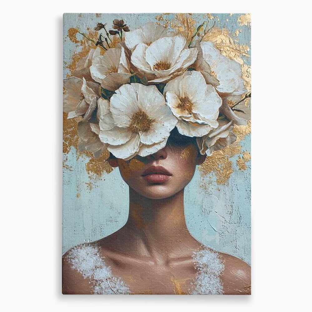 Tablou Canvas Premium LuxCanva® G1000, Ganduri Inflorite ,  Flori, Frumusete, Alb, Auriu, Petale, Estetica, Portret, Living, Dormitor, Culori vibrante