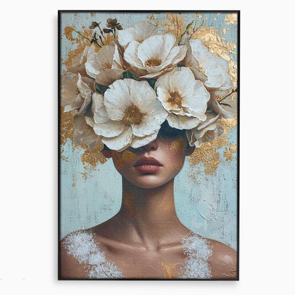 Tablou Canvas Premium LuxCanva® G1000, Ganduri Inflorite ,  Flori, Frumusete, Alb, Auriu, Petale, Estetica, Portret, Living, Dormitor, Culori vibrante