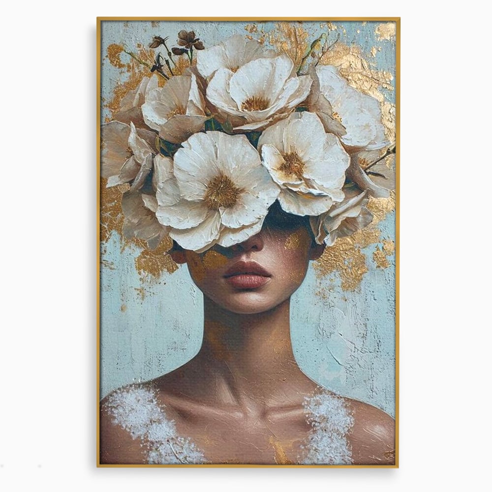 Tablou Canvas Premium LuxCanva® G1000, Ganduri Inflorite ,  Flori, Frumusete, Alb, Auriu, Petale, Estetica, Portret, Living, Dormitor, Culori vibrante