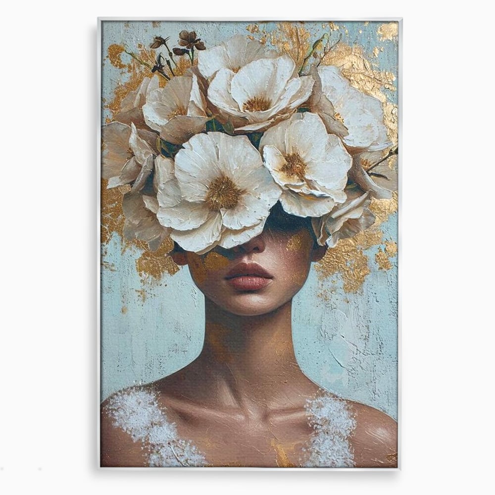 Tablou Canvas Premium LuxCanva® G1000, Ganduri Inflorite ,  Flori, Frumusete, Alb, Auriu, Petale, Estetica, Portret, Living, Dormitor, Culori vibrante