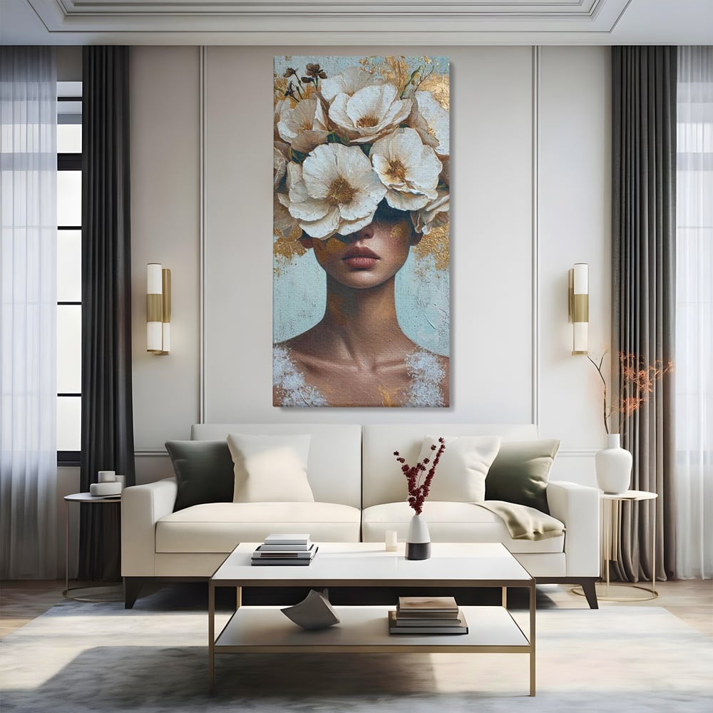 Tablou Canvas Premium LuxCanva® G1000, Ganduri Inflorite ,  Flori, Frumusete, Alb, Auriu, Petale, Estetica, Portret, Living, Dormitor, Culori vibrante