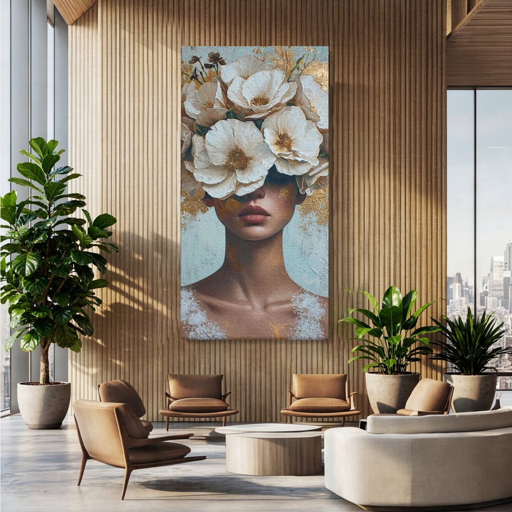 Tablou Canvas Premium LuxCanva® G1000, Ganduri Inflorite ,  Flori, Frumusete, Alb, Auriu, Petale, Estetica, Portret, Living, Dormitor, Culori vibrante