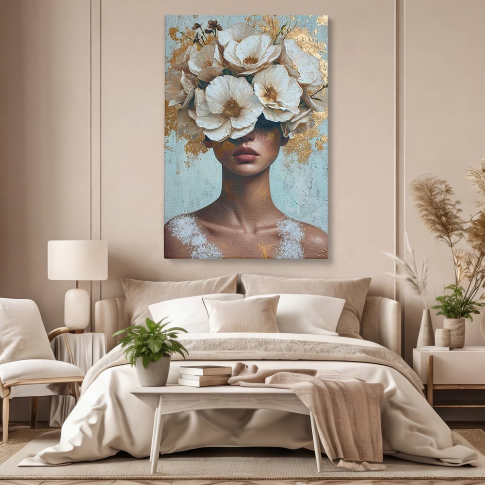 Tablou Canvas Premium LuxCanva® G1000, Ganduri Inflorite ,  Flori, Frumusete, Alb, Auriu, Petale, Estetica, Portret, Living, Dormitor, Culori vibrante