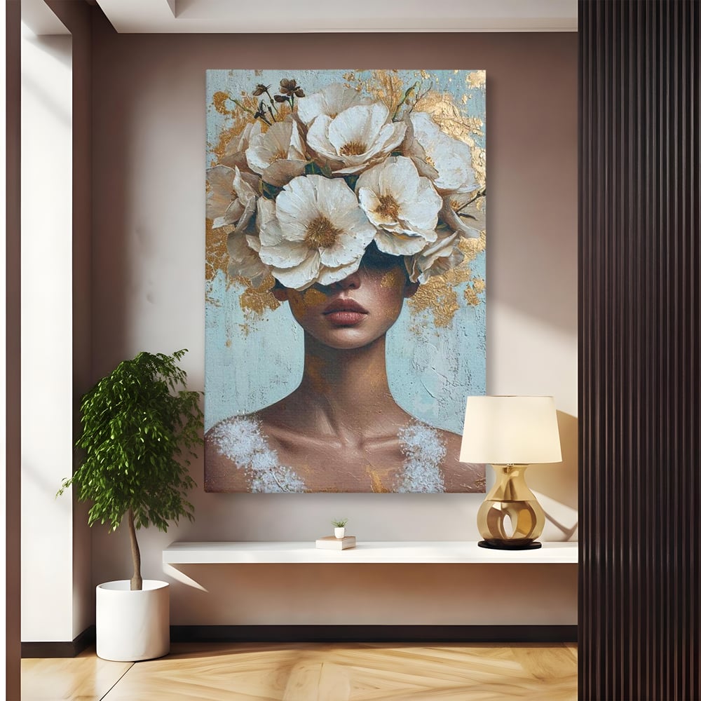 Tablou Canvas Premium LuxCanva® G1000, Ganduri Inflorite ,  Flori, Frumusete, Alb, Auriu, Petale, Estetica, Portret, Living, Dormitor, Culori vibrante