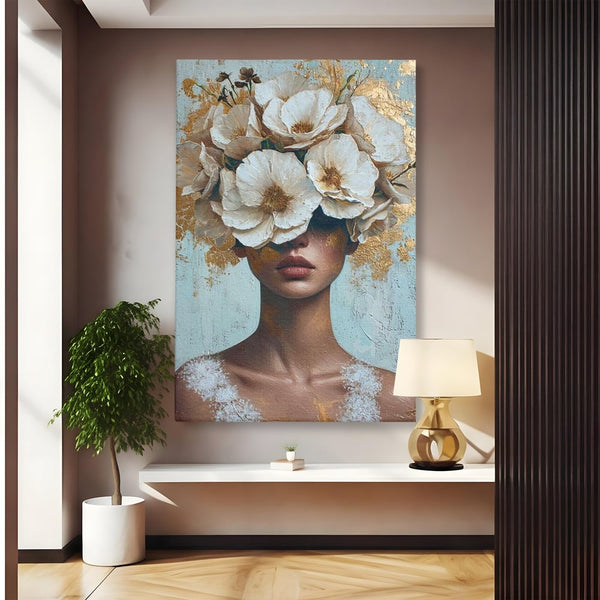 Tablou Canvas Premium LuxCanva® G1000, Ganduri Inflorite ,  Flori, Frumusete, Alb, Auriu, Petale, Estetica, Portret, Living, Dormitor, Culori vibrante