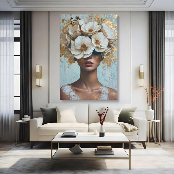 Tablou Canvas Premium LuxCanva® G1000, Ganduri Inflorite ,  Flori, Frumusete, Alb, Auriu, Petale, Estetica, Portret, Living, Dormitor, Culori vibrante