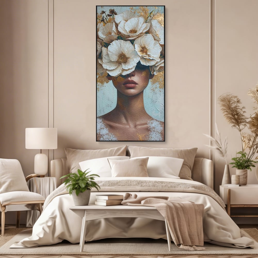 Tablou Canvas Premium LuxCanva® G1000, Ganduri Inflorite ,  Flori, Frumusete, Alb, Auriu, Petale, Estetica, Portret, Living, Dormitor, Culori vibrante
