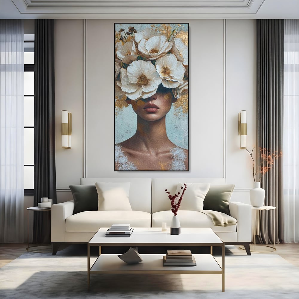 Tablou Canvas Premium LuxCanva® G1000, Ganduri Inflorite ,  Flori, Frumusete, Alb, Auriu, Petale, Estetica, Portret, Living, Dormitor, Culori vibrante