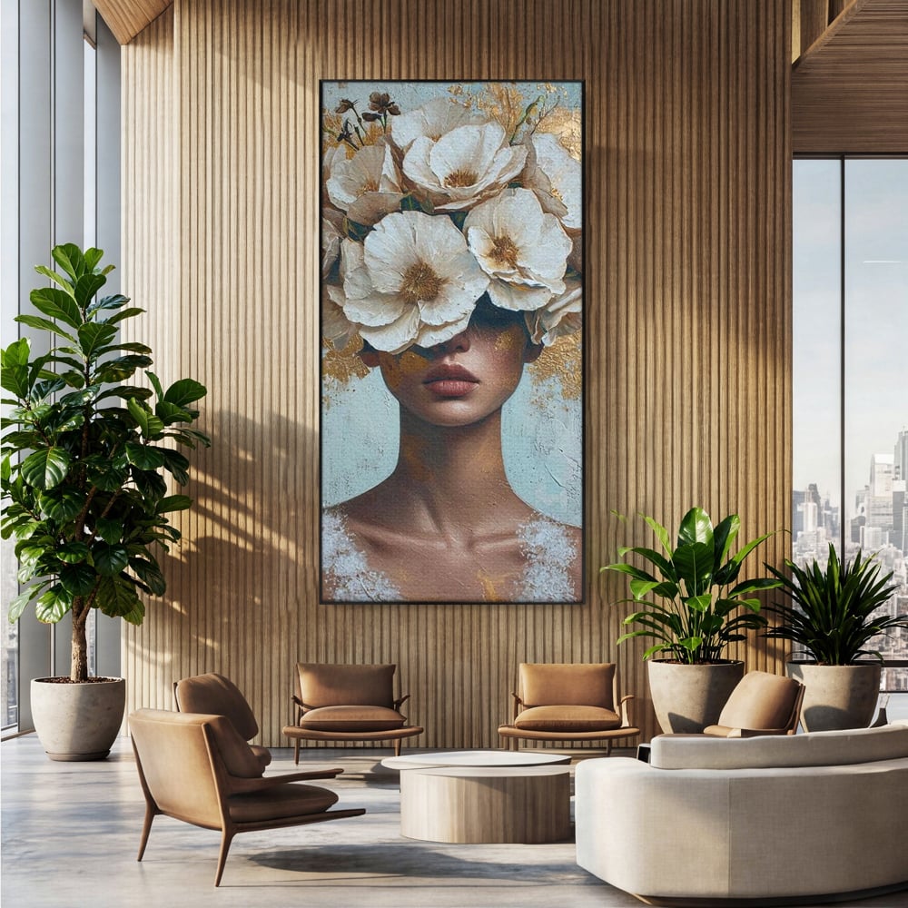 Tablou Canvas Premium LuxCanva® G1000, Ganduri Inflorite ,  Flori, Frumusete, Alb, Auriu, Petale, Estetica, Portret, Living, Dormitor, Culori vibrante