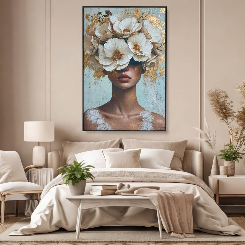 Tablou Canvas Premium LuxCanva® G1000, Ganduri Inflorite ,  Flori, Frumusete, Alb, Auriu, Petale, Estetica, Portret, Living, Dormitor, Culori vibrante