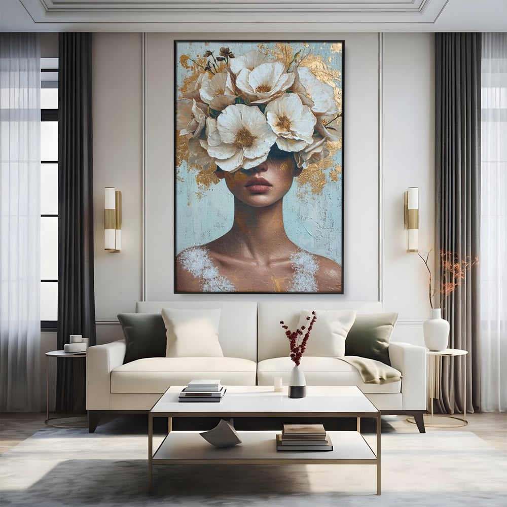 Tablou Canvas Premium LuxCanva® G1000, Ganduri Inflorite ,  Flori, Frumusete, Alb, Auriu, Petale, Estetica, Portret, Living, Dormitor, Culori vibrante