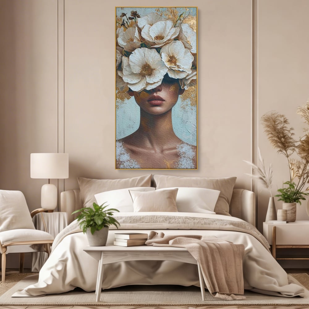 Tablou Canvas Premium LuxCanva® G1000, Ganduri Inflorite ,  Flori, Frumusete, Alb, Auriu, Petale, Estetica, Portret, Living, Dormitor, Culori vibrante