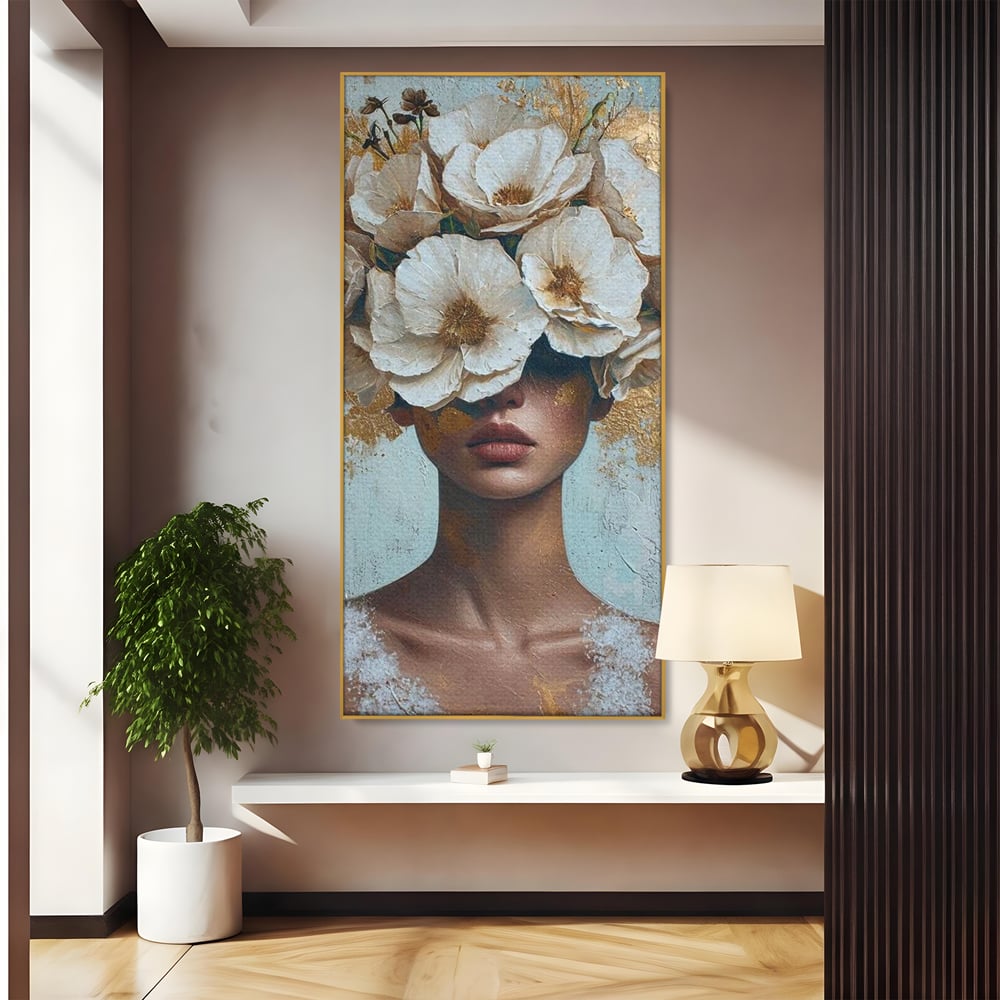 Tablou Canvas Premium LuxCanva® G1000, Ganduri Inflorite ,  Flori, Frumusete, Alb, Auriu, Petale, Estetica, Portret, Living, Dormitor, Culori vibrante