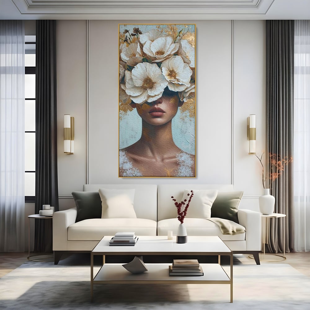 Tablou Canvas Premium LuxCanva® G1000, Ganduri Inflorite ,  Flori, Frumusete, Alb, Auriu, Petale, Estetica, Portret, Living, Dormitor, Culori vibrante