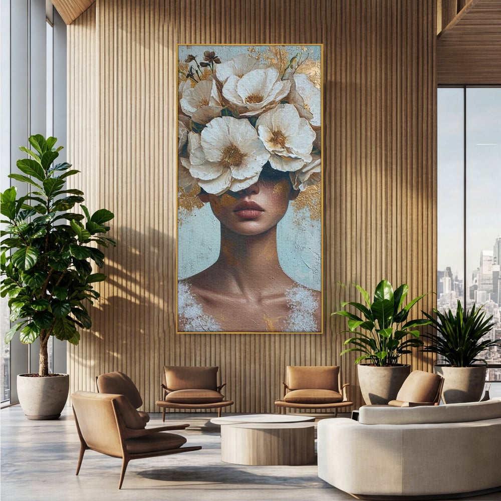 Tablou Canvas Premium LuxCanva® G1000, Ganduri Inflorite ,  Flori, Frumusete, Alb, Auriu, Petale, Estetica, Portret, Living, Dormitor, Culori vibrante