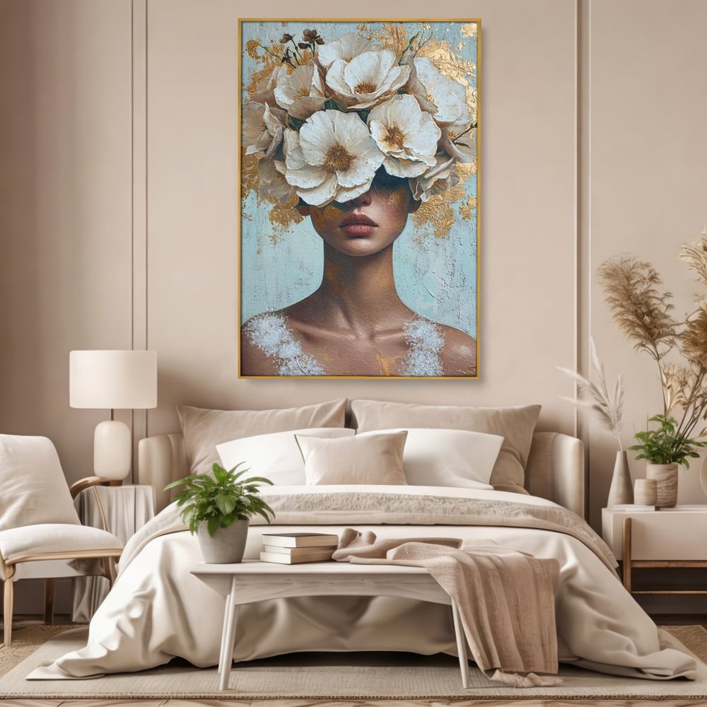 Tablou Canvas Premium LuxCanva® G1000, Ganduri Inflorite ,  Flori, Frumusete, Alb, Auriu, Petale, Estetica, Portret, Living, Dormitor, Culori vibrante