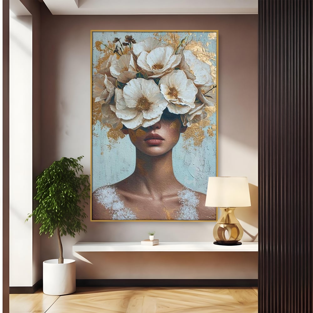Tablou Canvas Premium LuxCanva® G1000, Ganduri Inflorite ,  Flori, Frumusete, Alb, Auriu, Petale, Estetica, Portret, Living, Dormitor, Culori vibrante