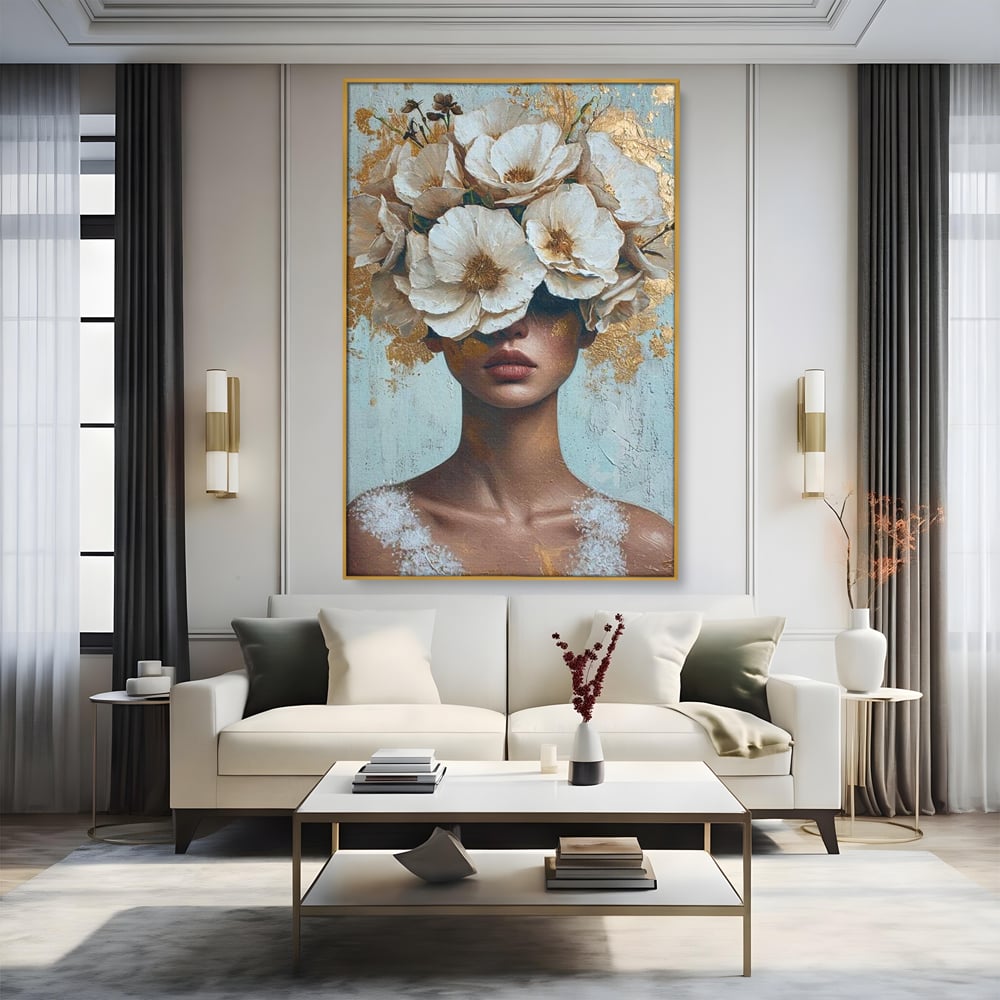 Tablou Canvas Premium LuxCanva® G1000, Ganduri Inflorite ,  Flori, Frumusete, Alb, Auriu, Petale, Estetica, Portret, Living, Dormitor, Culori vibrante