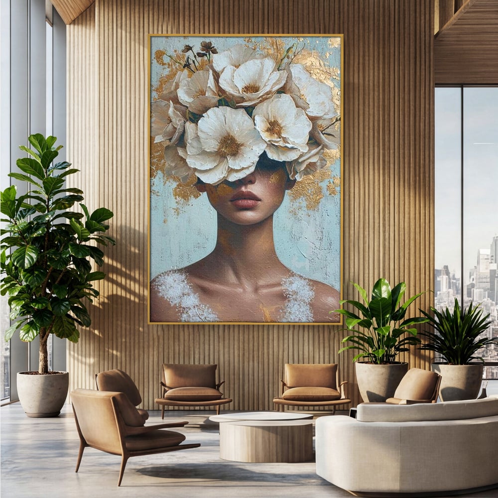 Tablou Canvas Premium LuxCanva® G1000, Ganduri Inflorite ,  Flori, Frumusete, Alb, Auriu, Petale, Estetica, Portret, Living, Dormitor, Culori vibrante