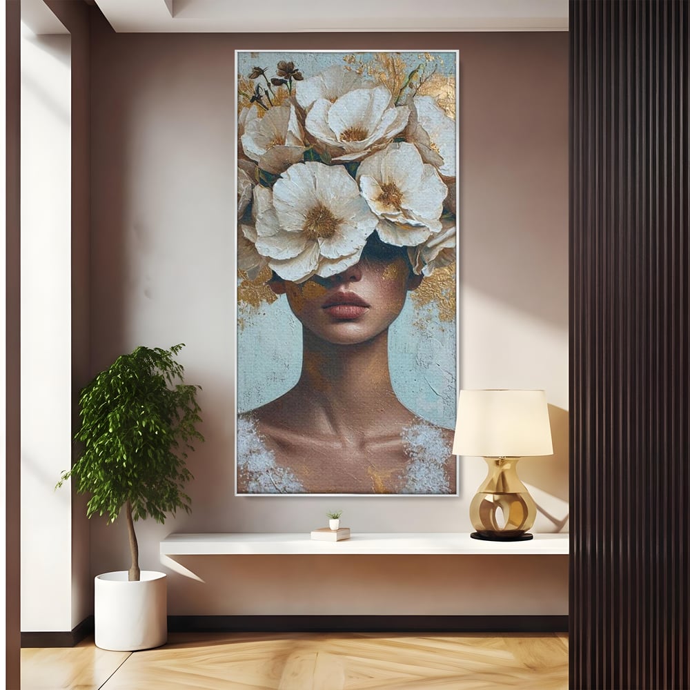 Tablou Canvas Premium LuxCanva® G1000, Ganduri Inflorite ,  Flori, Frumusete, Alb, Auriu, Petale, Estetica, Portret, Living, Dormitor, Culori vibrante
