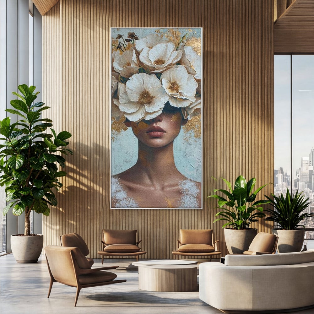Tablou Canvas Premium LuxCanva® G1000, Ganduri Inflorite ,  Flori, Frumusete, Alb, Auriu, Petale, Estetica, Portret, Living, Dormitor, Culori vibrante