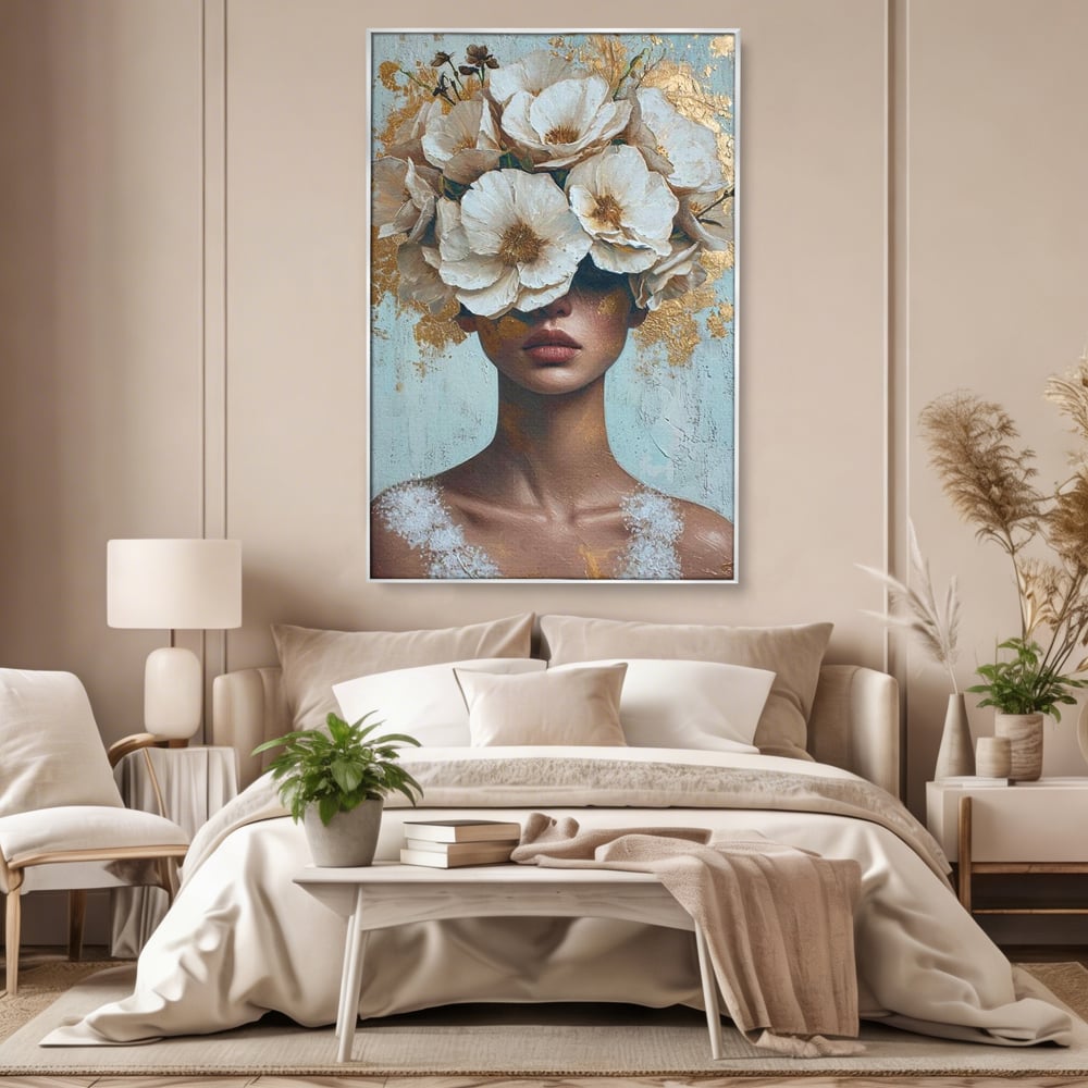 Tablou Canvas Premium LuxCanva® G1000, Ganduri Inflorite ,  Flori, Frumusete, Alb, Auriu, Petale, Estetica, Portret, Living, Dormitor, Culori vibrante