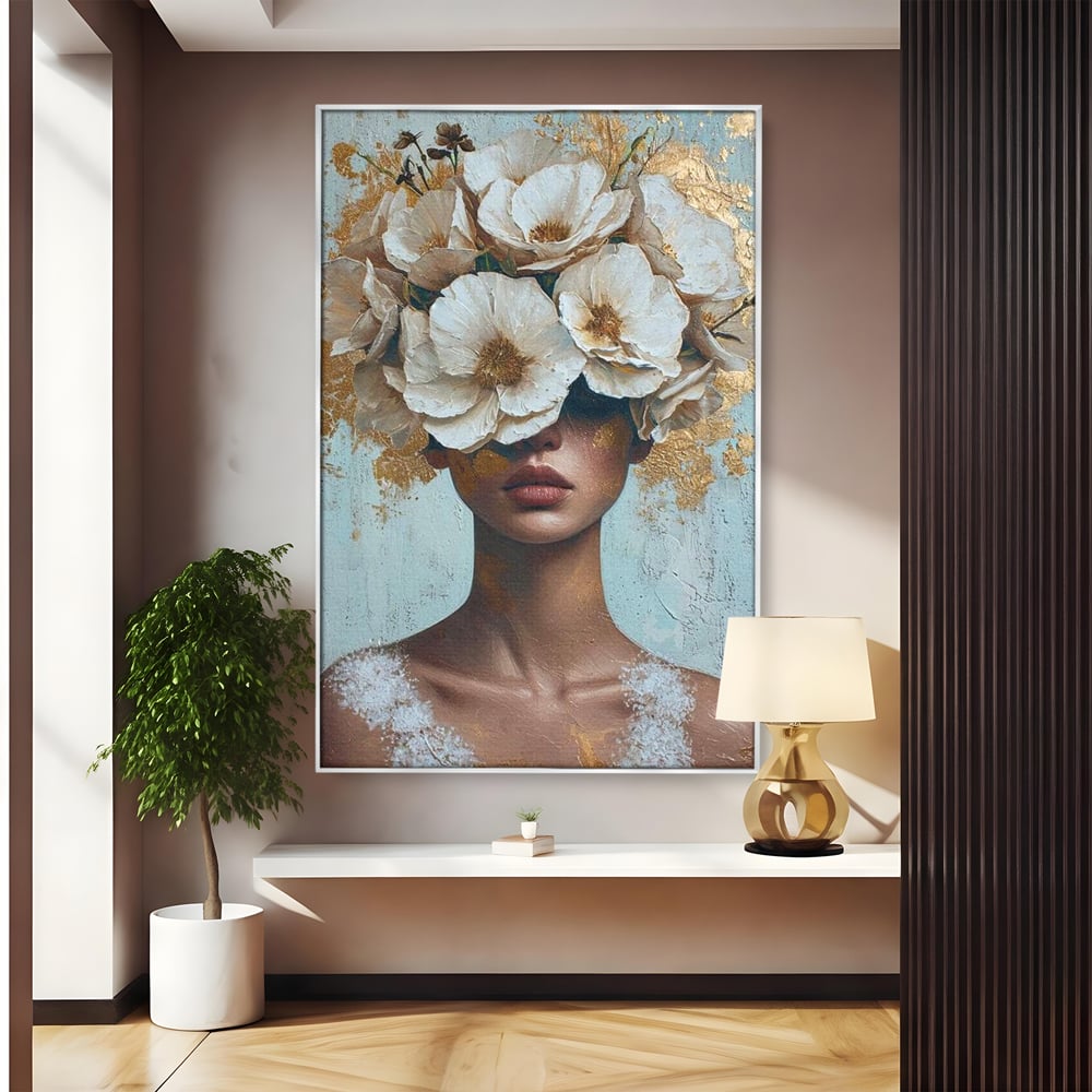 Tablou Canvas Premium LuxCanva® G1000, Ganduri Inflorite ,  Flori, Frumusete, Alb, Auriu, Petale, Estetica, Portret, Living, Dormitor, Culori vibrante